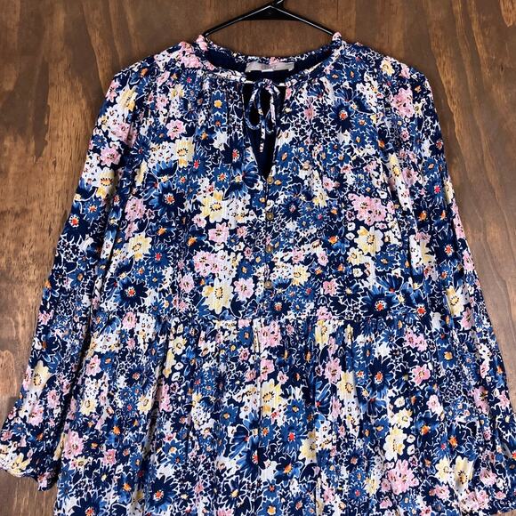 LOFT Womens Dress Multicolor Desert Garden Tiered Pockets Long Sleeve Small - Picture 2 of 12